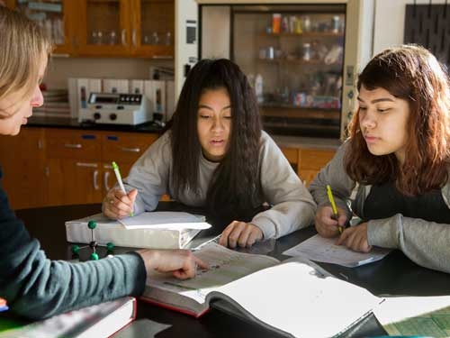 Two girls and teacher in chemistry class.