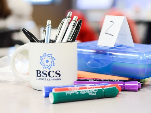 White BSCS coffee mug with pens and markers.